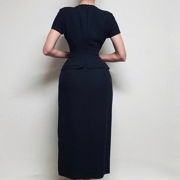 VINTAGE 90s Jones New York Black Crepe Split Button Hem Short Sleeve Maxi Dress - Picture 3 of 13